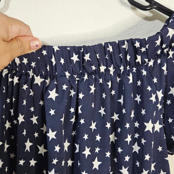 Blush navy blue with white stars pattern short sleeve midi dress - Picture 3 of 7